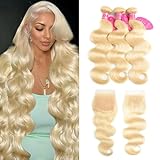 Blonde Human Hair Bundles Body Wave 613 Bundles with Closure (14 16 18+12 Inch) 100% Unprocessed 12A Grade Brazilian Virgin Remy Sew In Hair Extensions Silky and Soft No Tangle Multipurpose