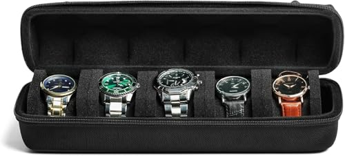 Image of Travel Watch Case Organizer Watch Box With Zipper Heavy Duty Portable Travel Friendly Case Fits all Wristwatches & Smart Watches Up To 60MM Compatible for Apple Watch (Black,5 Slots)