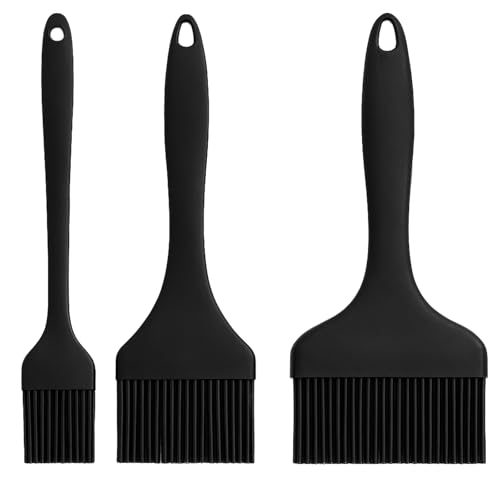 3er-Set Backpinsel Silikon, 21cm Länge Set Küchenpinsel für Backen, Grillen und Kochen, 9.1/7/ 3.2cm Breiter Hitzebeständiger Silikonpinsel mit Ergonomischem Griff, Ideal für Saucen, Schwarz