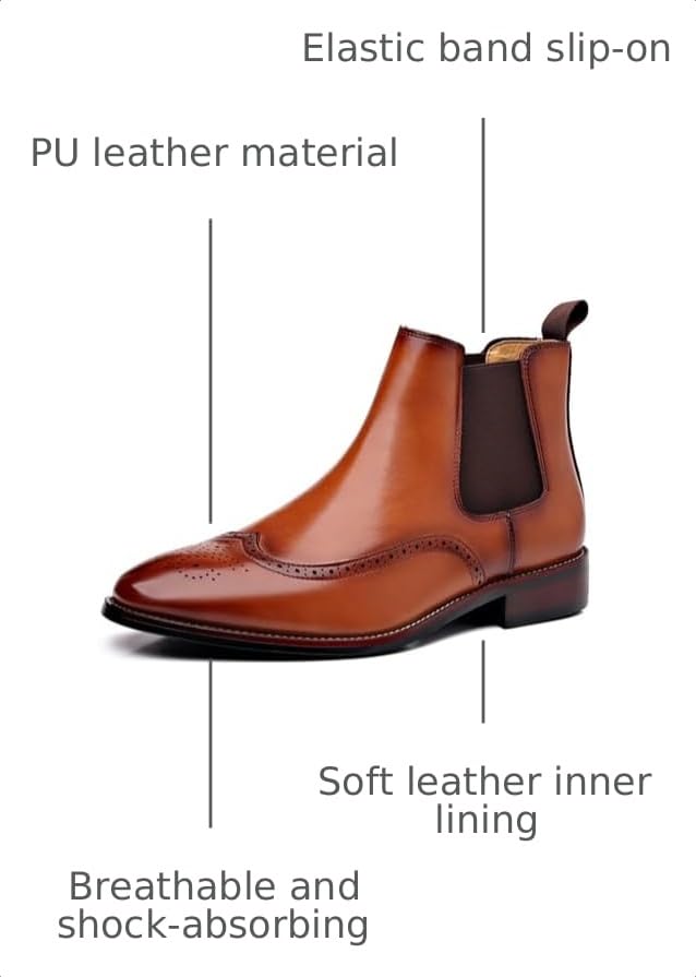 Image of Men's Leather Wingtip Carving Dress Oxford Boots Fashion British Style Pointed Toe Elastic Band Slip On Chelsea Boots Casual Business Formal Ankle Boots