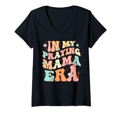 Womens Groovy Mom Christian In My Praying Mama Era Mothers Day V-Neck T-Shirt