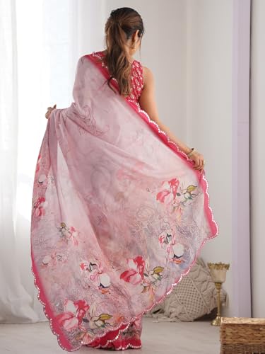 Image of Panzora Women's Chinon Printed Saree With Unstitched Blouse Piece
