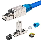 Crimpen (konfektionieren) ohne Werkzeug - Klappen Sie den RJ45-Stecker auf und legen Sie die einzelnen Adern des Netzwerkkabels auf die entsprechenden farblich gekennzeichneten Kontakte -> Klappen Sie den Stecker mit etwas Kraft wieder zu. Fertig!
