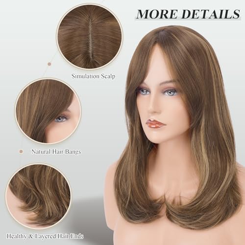 Image of FESHFEN Wigs with Bangs for Women, Synthetic Natural Looking Long Layered Straight Hair Wig for Women Daily Party Use, 18 inch Brown Mixed Blonde