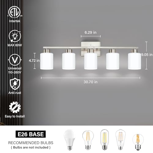 Image of FonmYim Brushed Nickel Bathroom Light Fixtures, 5-Light Modern Vanity Light Over Mirror, Wall Sconces with Milky White Frosted Glass Shades, E26 Socket (Bulbs Not Included)