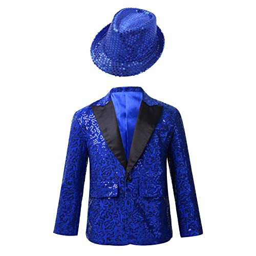 Image of inlzdz Kids Boys Shiny Sequins Lapel Jacket Coat Glitter Blazer Tuxedo Banquet Dance Wedding Party Fancy Costumes Hat Blue 15-16 Years