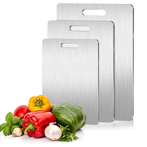 Titanium Cutting Board, Set of 3 Titanium Cutting Boards for Kitchen, Double Sided Titanium Cutting Mat, Non Stick Stainless Steel Cutting Board for Meat, Bread, Vegetable, Fruit