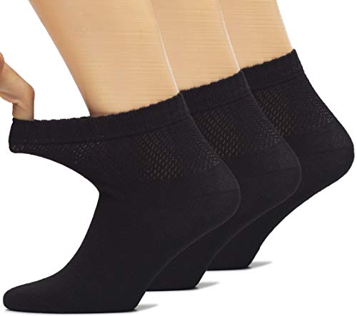 Hugh Ugoli Women's Bamboo Ankle Loose Fit Socks, Soft, Seamless Toe, Wide Stretchy, Non-Binding Top, 3 Pairs, Black, Shoe Size: 10-12