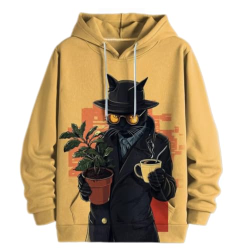 famesale Herren Retro Katzen Hoodie mit 3D-Print Unisex Pullover mit Kapuze