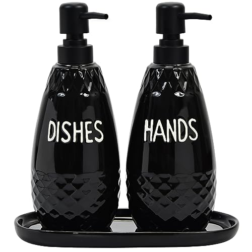 Karisky Soap Dispenser Set, Ceramic Dish Soap and Hand Soap Dispenser with Tray, Funnel, Modern Refillable Liquid Dispenser for Kitchen, Bathroom Decor, Set of 2, Black