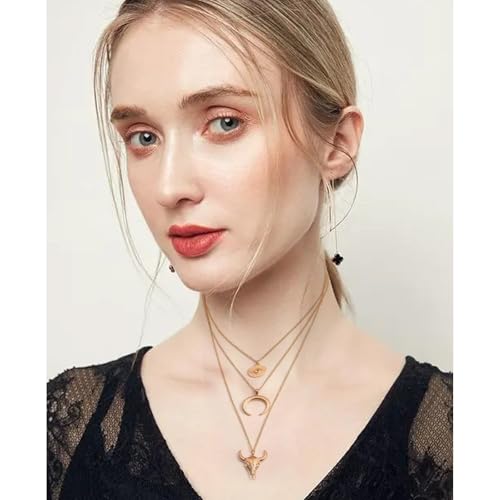 Women's Vintage Western Layered Necklaces Evil Eye Bull Head Crescent Moon Layered Necklace Boho Cowboy Cowgirl Geometric Pendant Chain Necklace Fashion Jewelry Gifts for Women 5