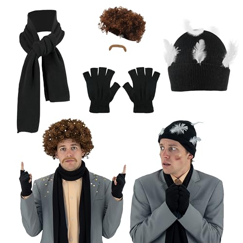 Voslett 5 Pcs Christmas Harry and Marv Costume Afro Wig Beanie Hat with Feathers Scarf Gloves Halloween Wet Bandits Outfit