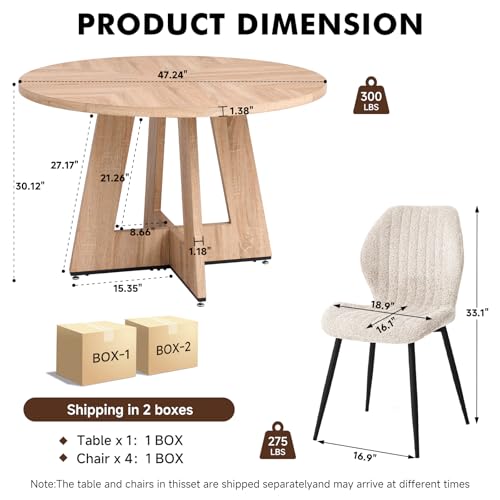 Image of 47 inch Round Dining Table Set for 4, Kitchen Table and Chairs | Wooden Cross Base, Boucle Fabric Chair, for Apartment