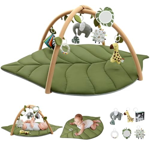 Image of Blissful Diary Baby Activity Gym & Play Mat, Oversize Leaf Shaped Baby Play Gym with 5 Detachable Toys, Tummy Time Mat Promote Motor Skills and Sensory Development for Newborn to Infant, Dark Green