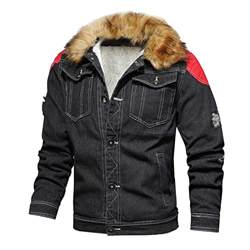 Mens Jacket Fall Winter Color Block Fur Lapel Fleece Warm Denim Jackets - image 2