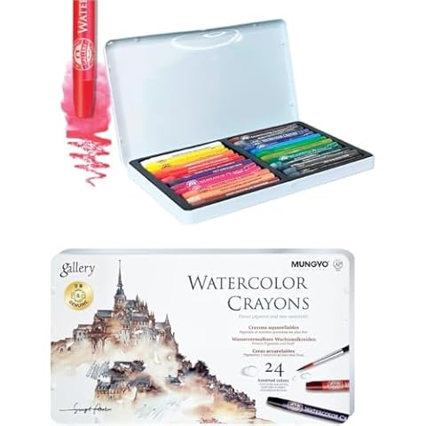 MUNGYO Watercolor Crayons, Professional Crayons, 24 Colors Premium Watercolor Crayon, Multipurpose Crayon Sticks on Any Surfaces for Artists, Professional, School, and Crafts. Cover