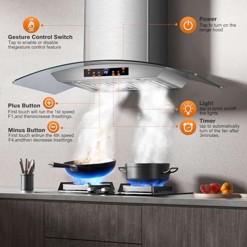 30 Inch Wall Mount Range Hood 1200CFM, 4-Speed Wall Mount Range Hood with Touch Control & Gesture Sensing Stainless Steel Kitchen Stove Vent Hoods with 2 LED Lights Pro Series
