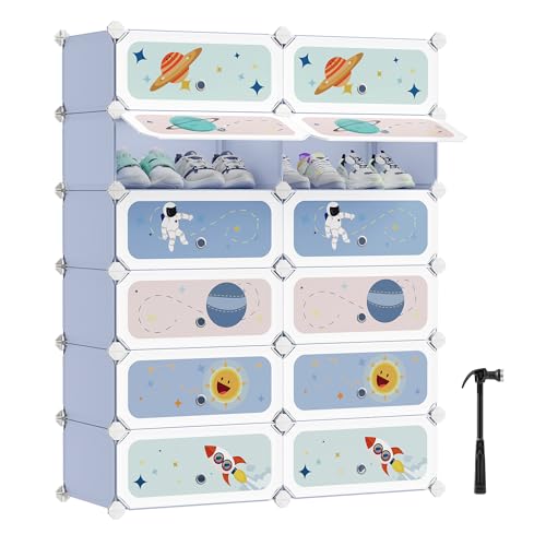 SONGMICS Estantería Modular Infantil de 12 Cubos, Zapatero para niños, Estantería plástico, Armario Modular con Puertas, para Ropa, Zapatos, Juguetes, 31 x 81 x 106 cm, Azul Pálido LPC907Q01