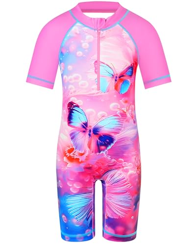 Image of TFJH E Short Sleeve Girls Swimsuits UV 50+ One Pieces Bathing Suits Zipper 2-14Y