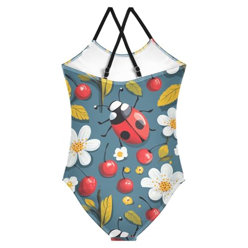Pigsaly Girls One Piece Swimsuits Cherry Flower Ladybug Kids Cross Back Swimwear Toddler Beach Sport Bathing Suit 3T2