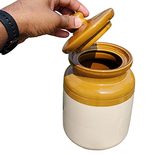 Pure Source India Porcelain Ceramic Pickle Jar With Lid, 3 Kg, 1 Piece, Multicolor