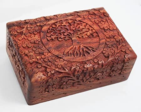 Handmade Sheesham Wooden Storage Box Hand Carved Tree design Jewelry Box & Decorative Gift Box (6X4x2.5 inches)