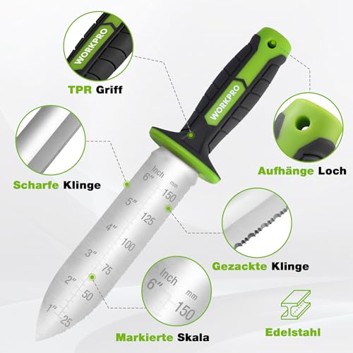 WORKPRO Hori Hori Gartenmesser Edelstahl mit Zahnung, Praktisch Jäter mit TPR-Griff, Manueller Weeder zum Graben, Schneiden und Sägen, Tragbar für Beet, Rasen & Garten, 32 cm