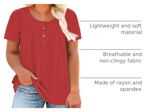 Image of VISLILY Womens-Plus-Size-Summer-Tops Buttons Up Henley Shirts Flowy Pleated Tunics Trendy Eyelet Short Sleeve Blouses