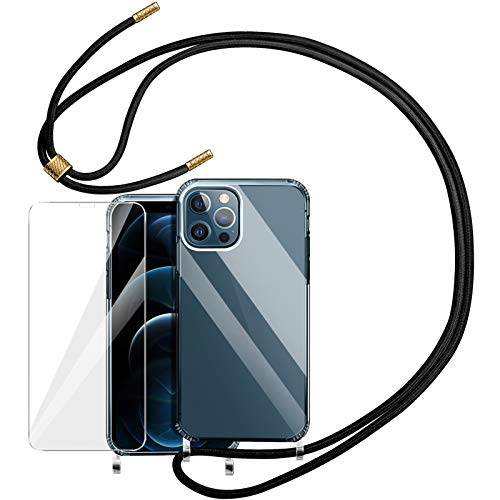 YIRSUR Funda con Cuerda Compatible con iPhone 12/12 pro + Cristal Templado Protector de Pantalla, Carcasa Transparente TPU Suave Silicon Colgante Ajustable Compatible con iPhone 12/12pro 6.1”