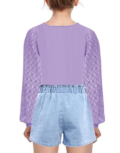 Image of Geckatte Girls Long Sleeve Shirts Square Neck Ribbed Blouse Lace Tops