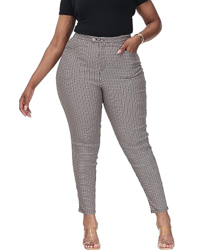 Allegrace Women Pants Plus Size Causal Dressy High Waist Skinny Capris For Work Brown & Black Plaid 18W #TOP18