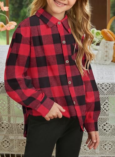 Image of SELINK Girls Long Sleeve Flannel Buffalo Plaid Button Down Shirt | Soft Flannel Fabric,Classic Buffalo Plaid Button Down Collared Blouse For Girls Casual Daily Outfits