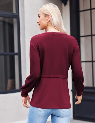 Women Waffle Knit Tops Fall V Neck Tunic Fashion Splicing Blouses Solid Color Long Sleeves Tops2