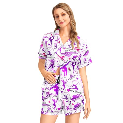 Image of Funny Pajamas for Women Set Print Satin Loungewear Pjs Short Sleeve Button Down Top and Shorts Sets Sleepwear XS-3XL