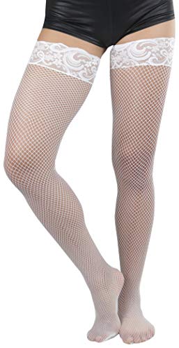 Image of ToBeInStyle Women's Wide Floral Lace Fishnet Thigh Hi Stockings