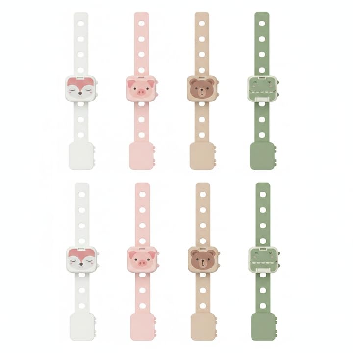 FeiatPogra 8 Pack Cartoon Child Safety Locks, Adjustable Baby Proof Cabinet Locks with Adhesive Backing, No Drill for Kitchen, Fridge, Oven (Fox, Pig, Bear, Crocodile) 22x4.3cm