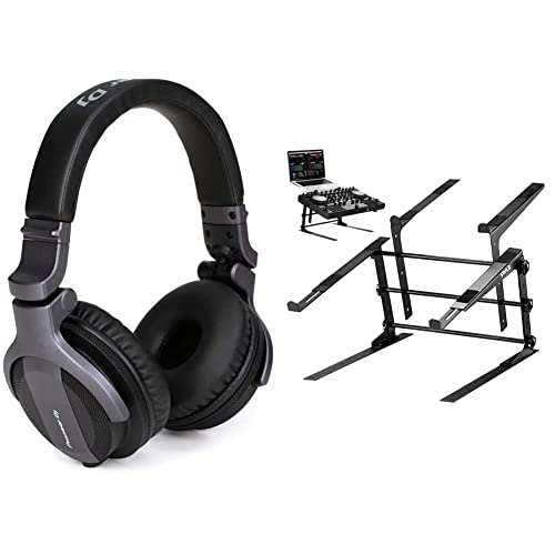 Pioneer Dj Cue1 On-Ear Dj Headphone - Black & Pyle Portable Dual Laptop Stand - Standing Table With Adjustable Height, Ergonomic Design & Anti-Slip Prongs For Dj Mixer, Sound Equipment, Black #TOP8