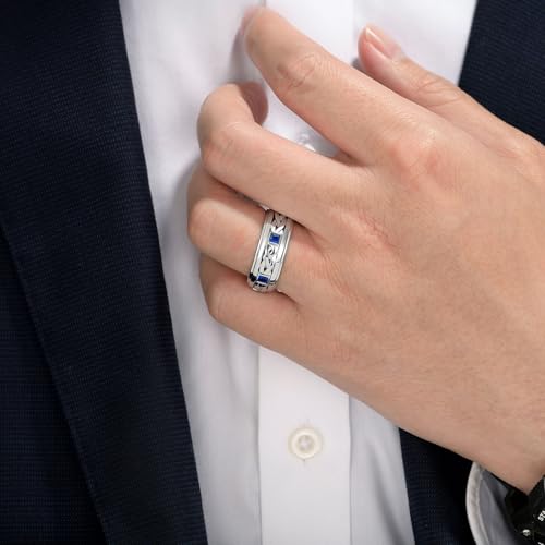 Mens 925 Sterling Silver Blue Gemstone Wedding Band Pave Sapphire Princess Cut Engagement Ring For Him Size 7-144