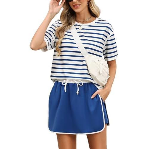 Marvmys Women 2 Piece Skorts Sets Short Sleeve Color Block Tshirt and Skorts Matching Going Out Summer Tracksuit with Pockets Large Blue Stripe