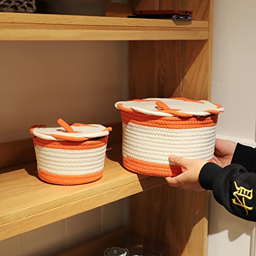 Round Baskets With Lids,Decorative Baskets Set Of 2,Cotton Rope Lidded Organizing Basket For Shelves And Coffee Tables (Orange) #TOP4