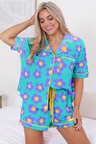 Image of KevaMolly Women Floral Notch Collar 2 Piece Holiday PJ Set | Print Short Sleeve Top, Drawstring Soft Vacation Sleep Shorts