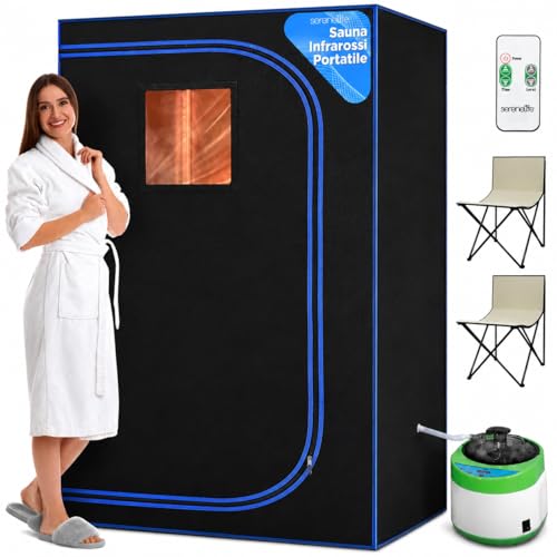 SereneLife Sauna portátil, Tamaño Completo para Dos Personas, Kit de calefacción de vapor, Plegable, Máquina para relajación, 2 sillas plegables, Ajuste de Temporizador