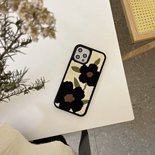 Tewwsdi Warm Fur Phone Case Compatible With Iphone 13 Pro 6.1 Inch 2021 Release Black Floral Ins Design Slim Soft Tpu Bumper +Terry Velvet Fluffy Material Girly Protective Cover (Black Flowers) #TOP1