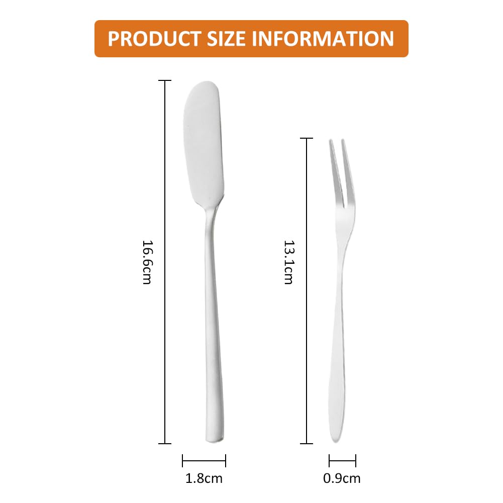Juego de 6 cuchillos de mantequilla pequeños, de acero inoxidable, cuchillo de mantequilla, cuchillo de queso, cuchillo de postre, con tenedor de fruta, para queso, mantequilla fría, mermelada