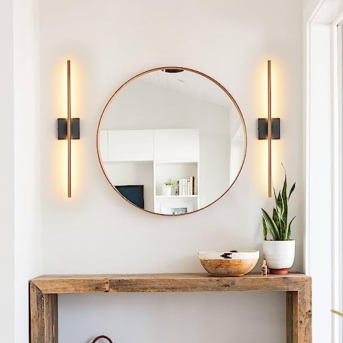 Image of KUZZULL Modern Light Fixture Set of Two 27.8x4.3x3.4in Black and Brass Gold Sconces 1200Lm LED Wall Lights for Bathroom, Living Room, Corridor