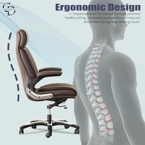 Image of Premium Leatherette Office Chair | Ergonomic High-Back Executive Chair for Home, Office, Study & Gaming | Height Adjustable Boss Chair with Sturdy Chrome Base | 1 Piece (Brown)