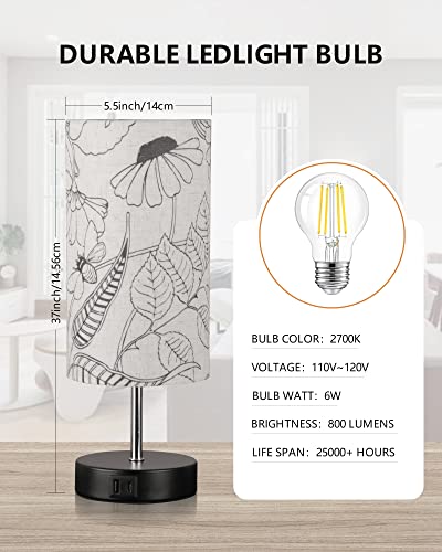 Lanmonlily Touch Control Desk Lamp With 2 Usb Ports, 3-Way Dimmable Bedside Lamp For Bedroom, Nightstand Lamp With Round Flower Fabric Shade For Living Room, Home Office (E27 Led Bulb Included) #TOP3