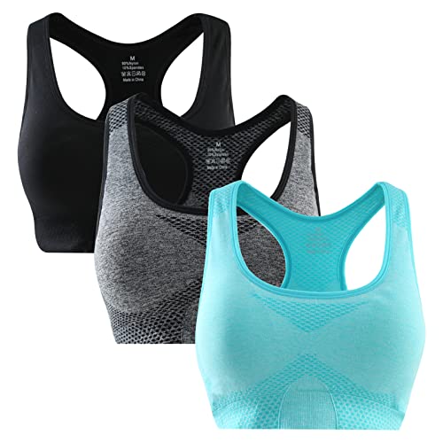 ZOEREA Sujetador Deportivo Mujer Push Up Sin Costuras Cómodo Elasticidad Fitness Yoga Correr Gimnasio Bra con Almohadillas Extraíbles Negro+Gris+Verde,XL