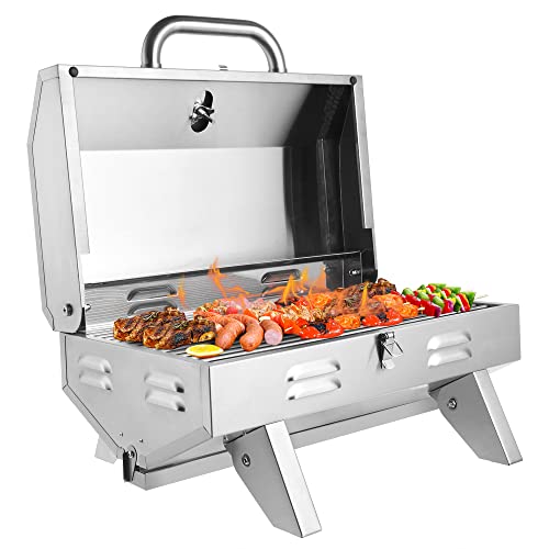Bonnlo 12,000 BTU Tabletop Gas Grill with Piezo Ignition System & Lockable Lid, Portable Grill with Foldable Legs, Stainless Steel Propane Grill with Thermometer for Outdoor BBQ Camping Patio RV Use