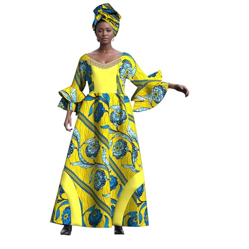 Image of iooiooi Womens African Print Party Maxi Dress Tradition Dashiki Ankara Long Dress & Headwrap
